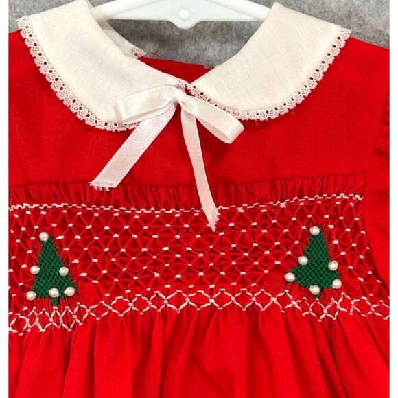 Vintage Polly Flinders Hand Smocked Dress Size 9 mos Christmas Tree Beaded - Picture 3 of 16